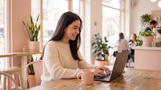 UGC Creator working in a cafe